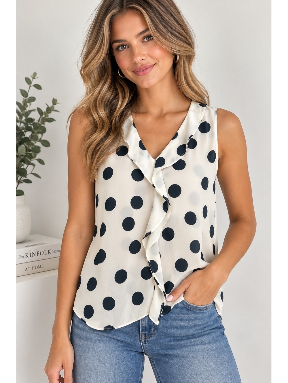 LOFT XS Polka Dot Ruffle Front Sleeveless Blouse Black White